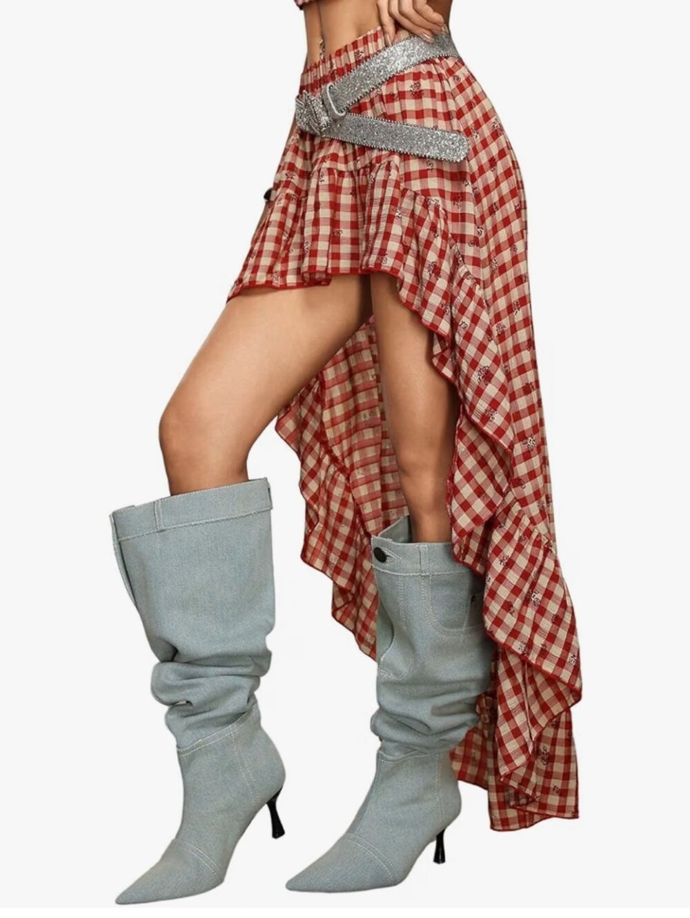 Red Gingham High-Low Ruffle Skirt